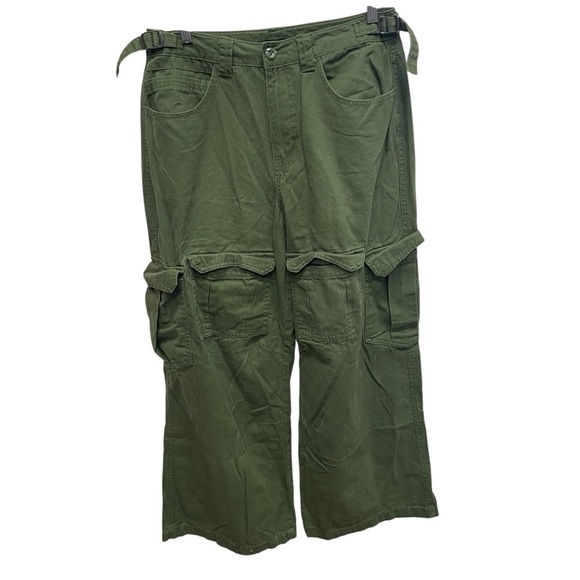 Forever 21 women’s army green cargo pants wide leg size large double pockets - Picture 1 of 8
